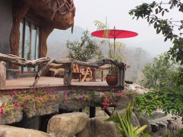 Terrace above a stream at Bura Resort